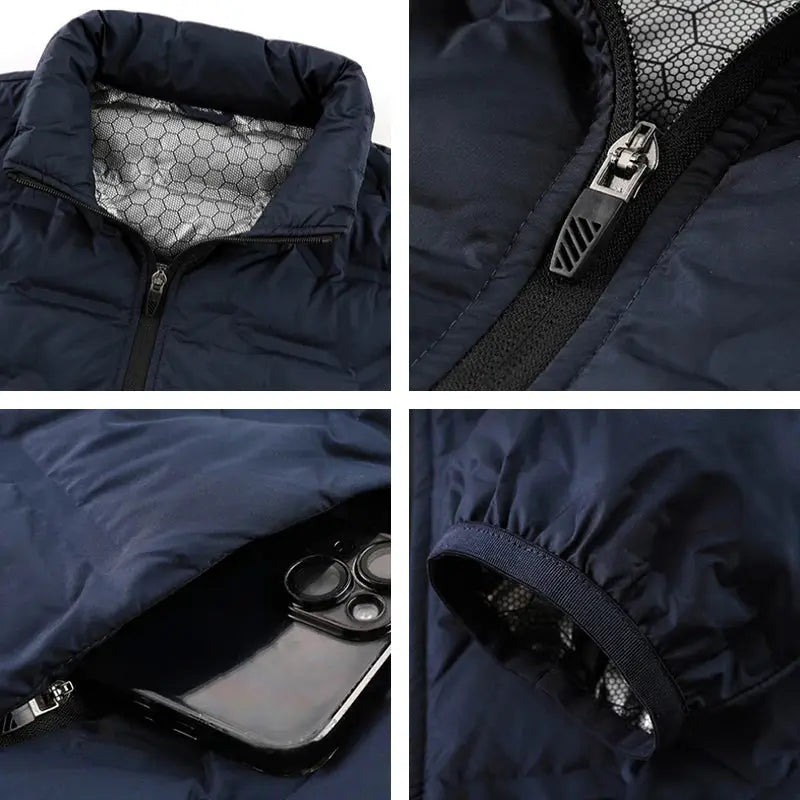Men's navy duck-down puffer jacket with stand collar and front zipper; windproof and waterproof outer shell.