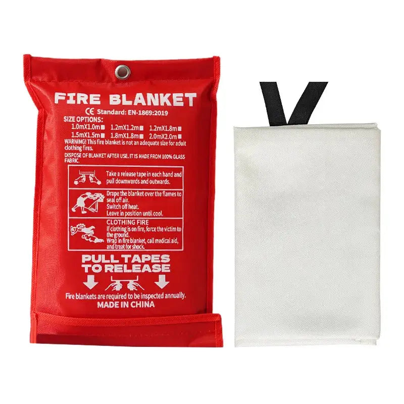 Emergency fire blanket set, 2-piece, red pouch with white fiberglass blanket