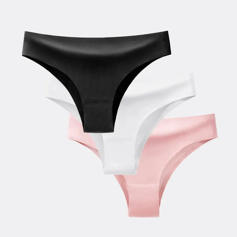 Three-pack women's seamless thong underwear in black, white, and pink with ice silk fabric (T-back)