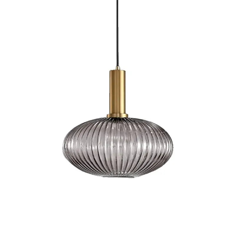 Nordic glass pendant light with ribbed silver shade and brass collar on black cord