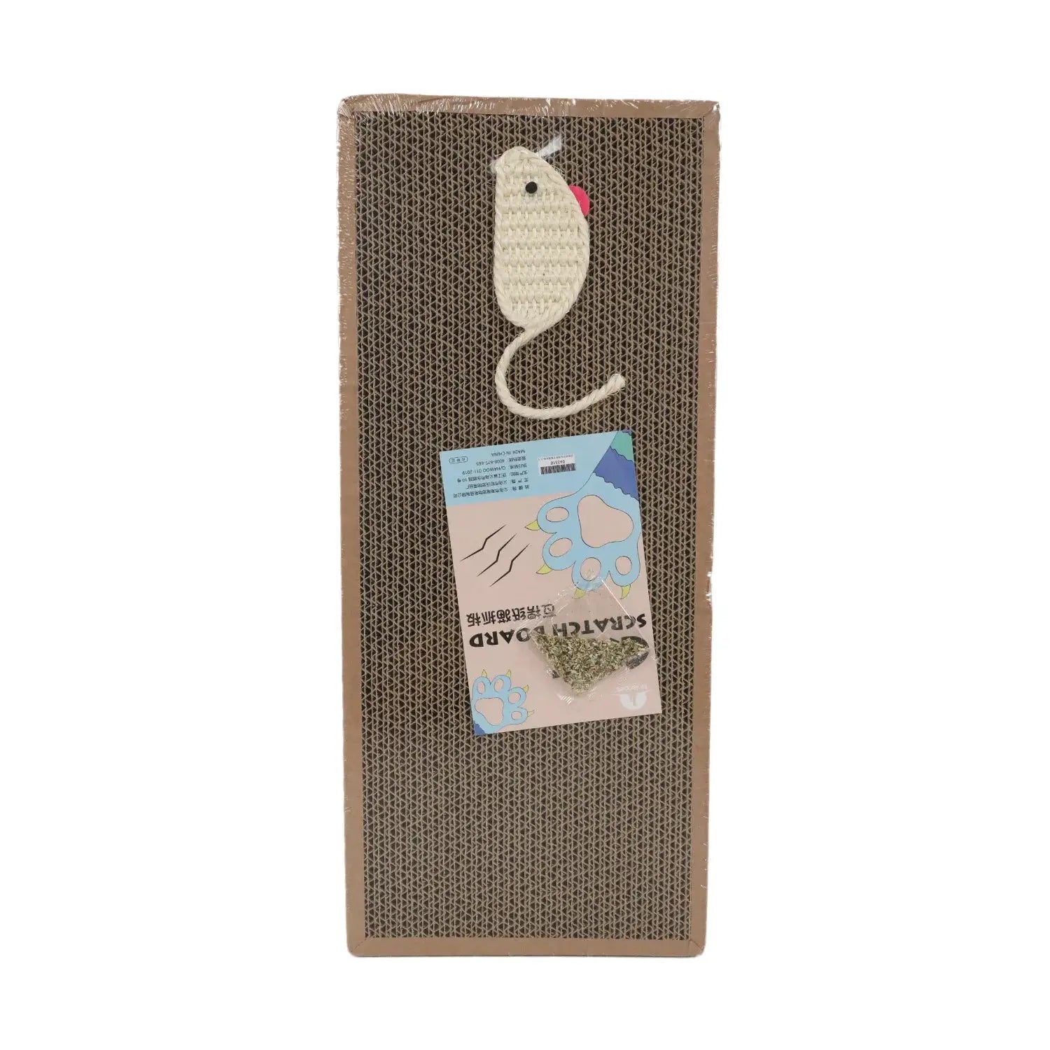 Cat scratching board by Simples Market with corrugated cardboard surface and hanging crochet mouse toy