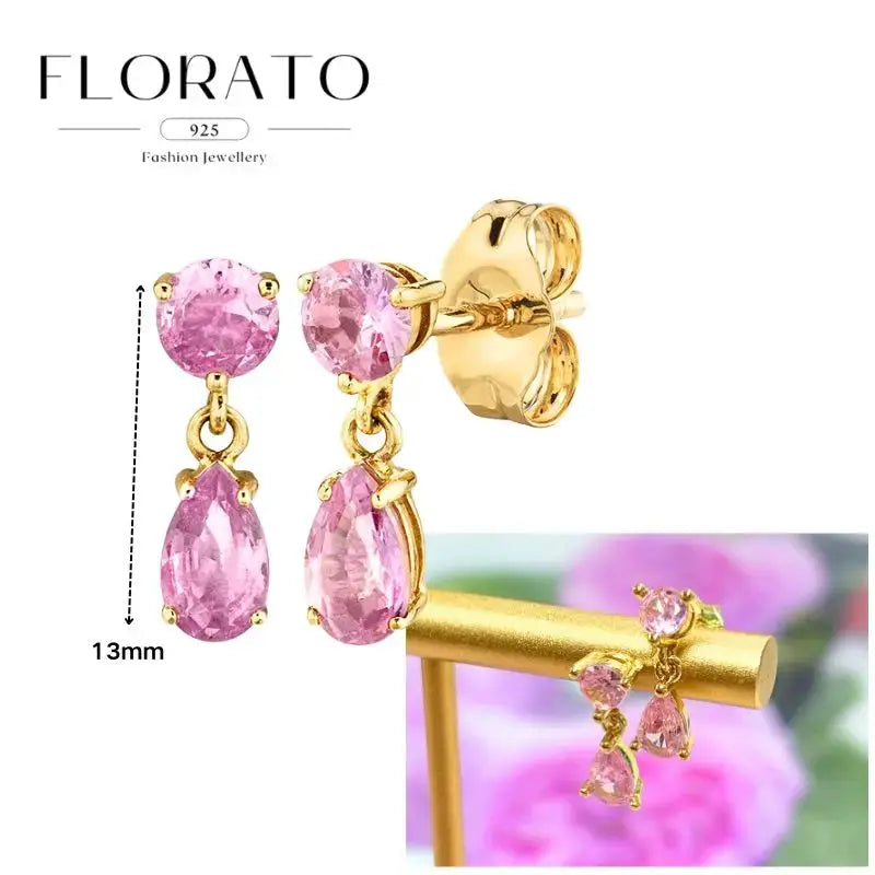 Pink zircon drop earrings in gold-tone metal, round top and teardrop bottom, 13mm length, FLORATO 925 logo visible