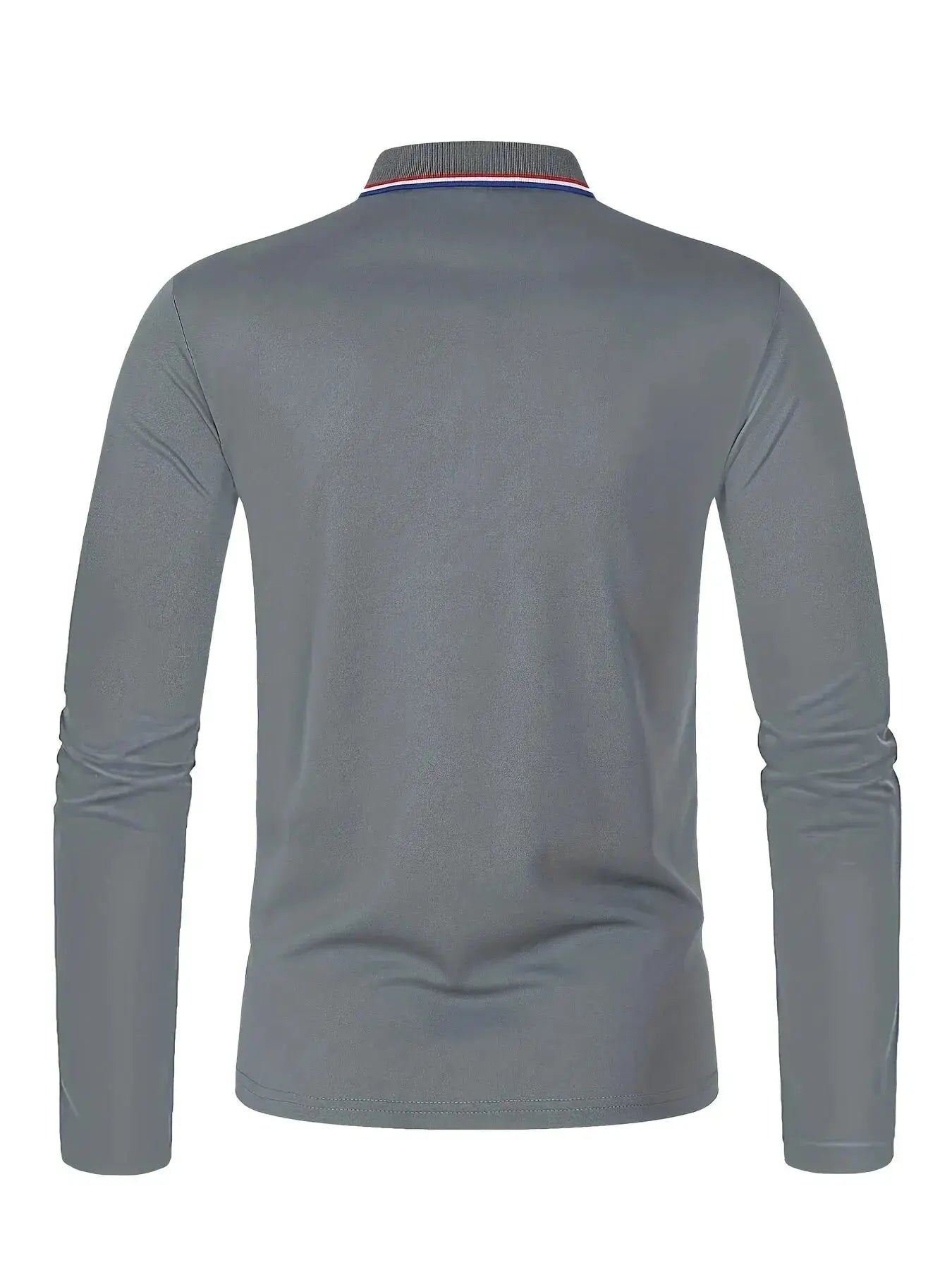 Gray men's long-sleeve polo shirt shown from back with striped collar