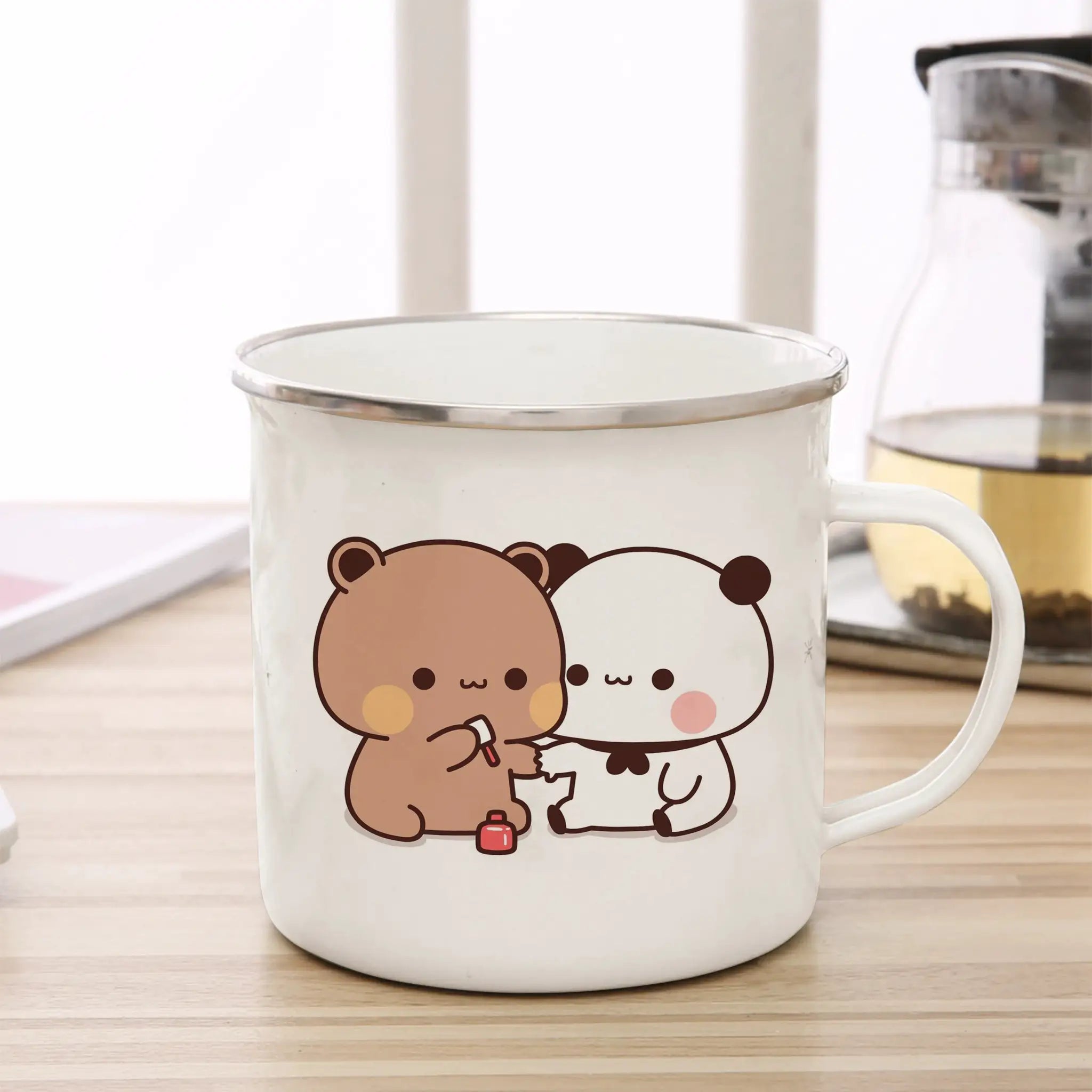 Cute Cup Co Cartoon Milk Mocha Bear Enamel Cup 11oz Eco Friendly Coffee Tea Cup Gift For Couple