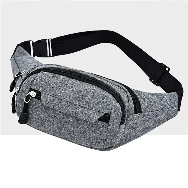 Waist bag fanny pack in gray wear-resistant fabric with multiple zip pockets and adjustable strap.
