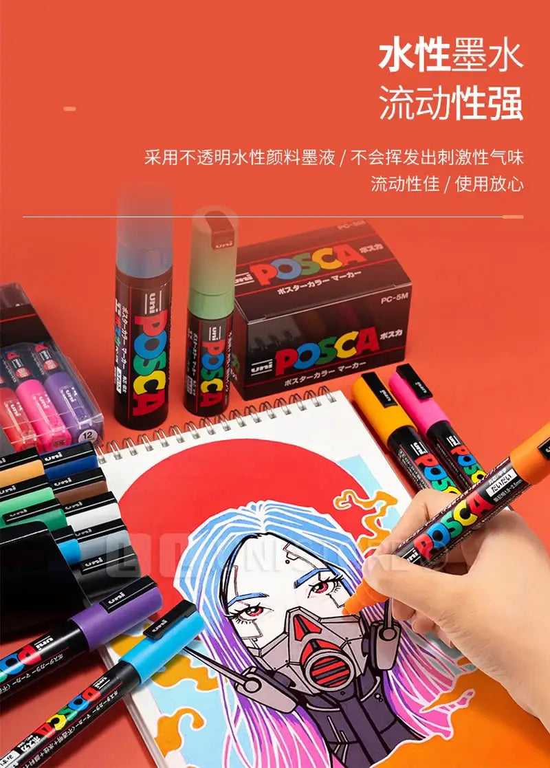 Posca paint marker set with vinyl case PC-1M/PC-3M/PC-5M, water-based pigment ink.