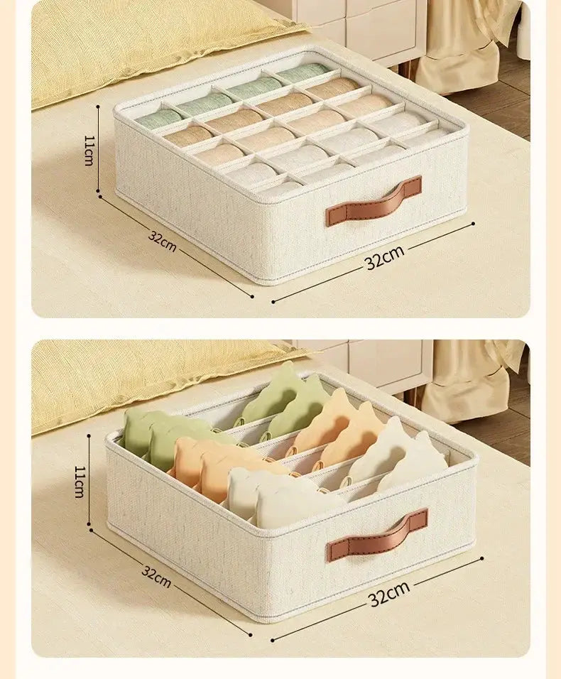 Fabric drawer organizer with dividers; beige fabric, brown leather handle, foldable, 32x32x11 cm for underwear