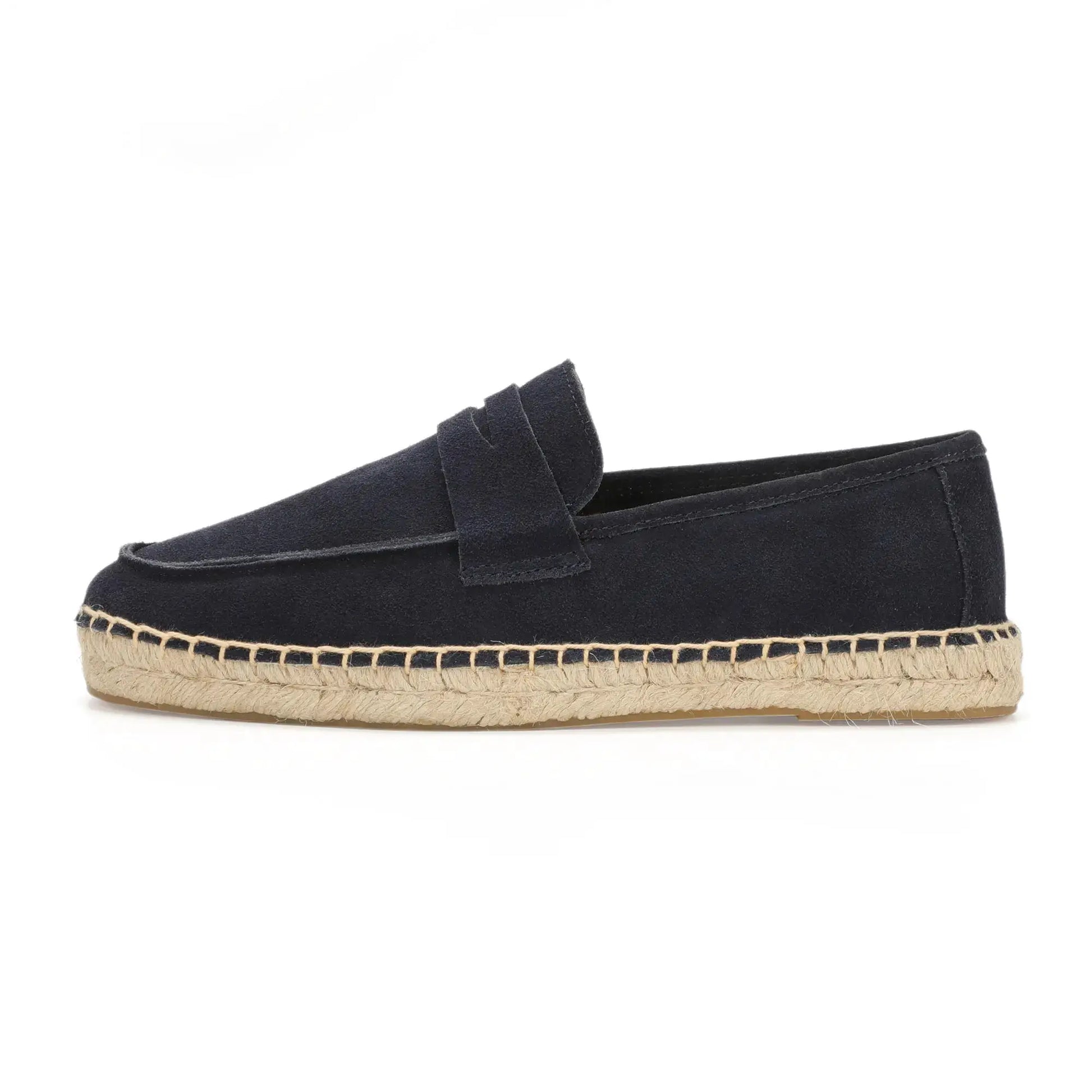 Men's navy suede espadrille slip-on loafer with a jute sole