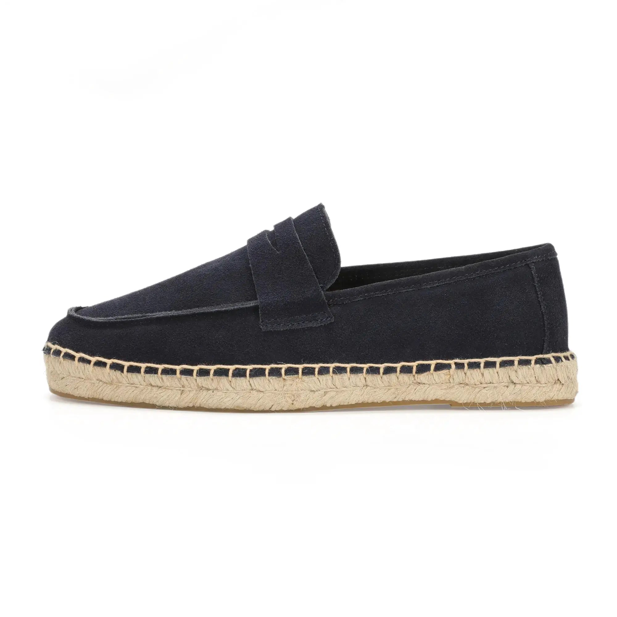 Men's navy suede espadrille slip-on loafer with a jute sole