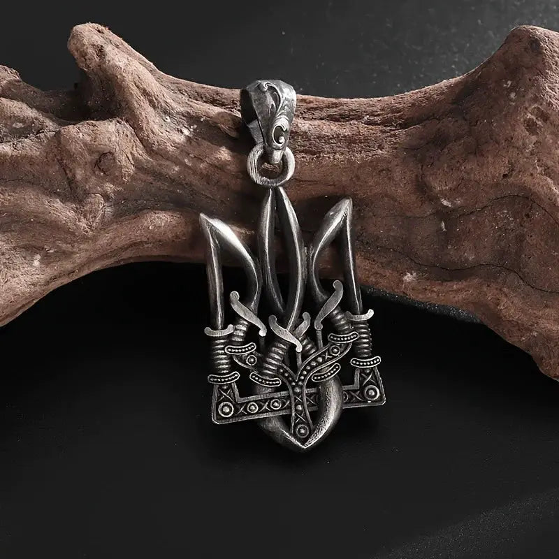 Retro Poseidon Trident Pendant Necklace, silver-tone zinc alloy, unisex fashion jewelry