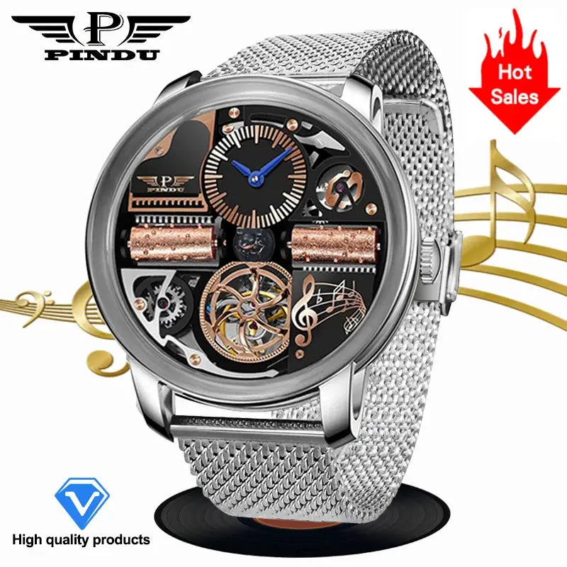 PINDU watch with stainless steel case and mesh band, automatic movement, skeleton dial, sapphire glass