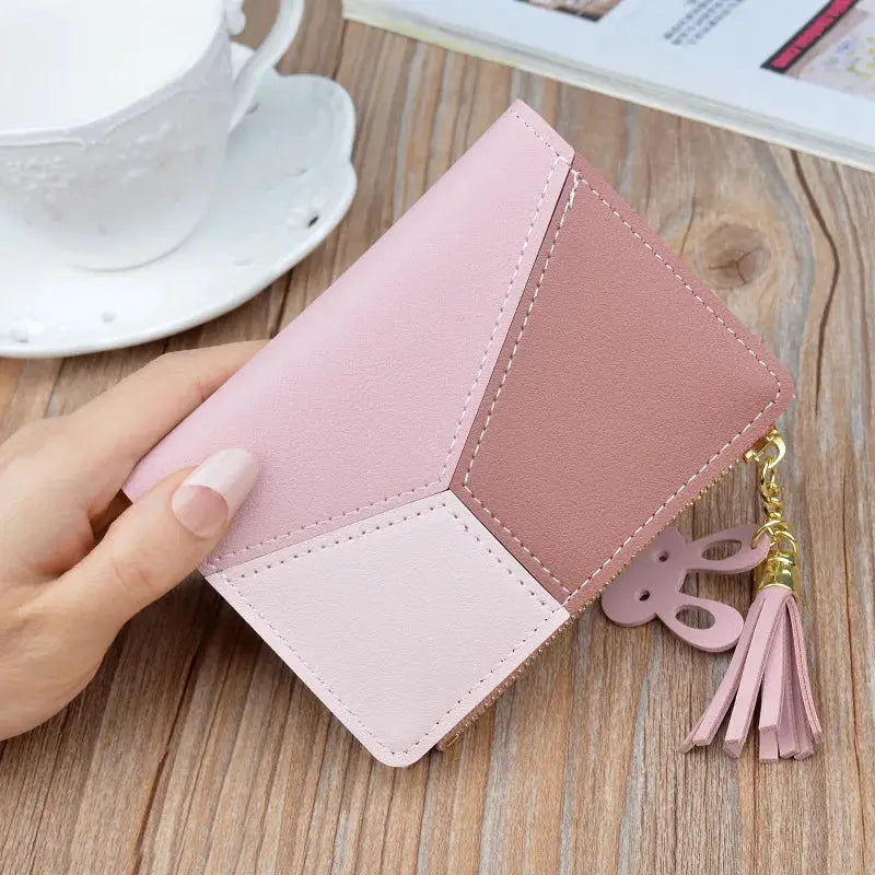 Pastel color-block PU leather wallet with gold zipper and pink tassel charm