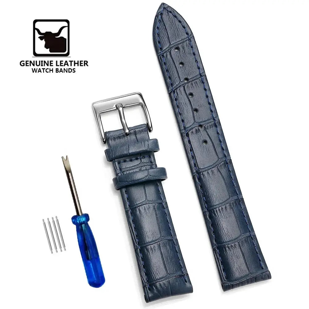 Watch bands set by Simples Market: blue crocodile-embossed genuine leather straps (pair) with buckle, tool and spare pins.
