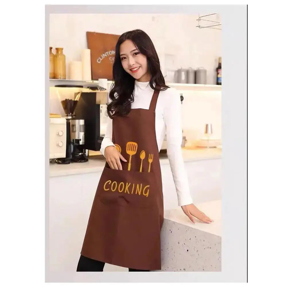 Simples Market Cotto Linen apron with thin cotton waistband; brown with cooking utensil graphic