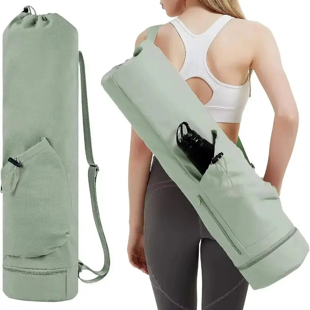 Large-capacity yoga mat bag backpack in sage green with adjustable straps and front pocket, shown carrying a mat.
