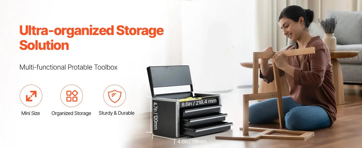 SucceBuy 3-drawer black metal tool box with feet pads for portable garage storage