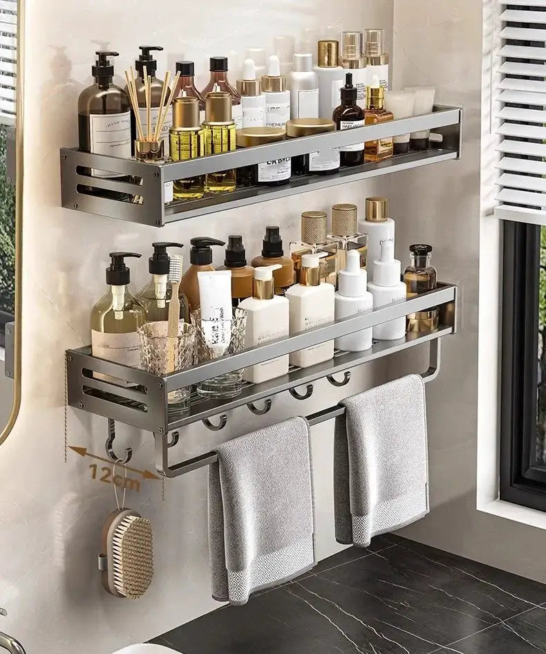 No-drill aluminum bathroom corner shelf by Simples Market with two-tier shampoo organizer and towel rack