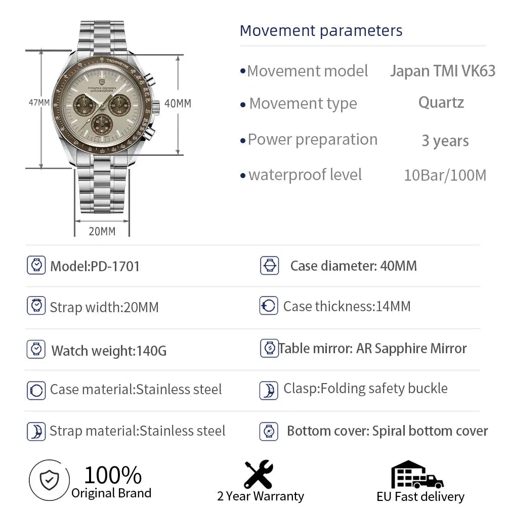 PAGANI DESIGN PD-1701 stainless steel quartz chronograph watch with AR sapphire crystal, 40mm case
