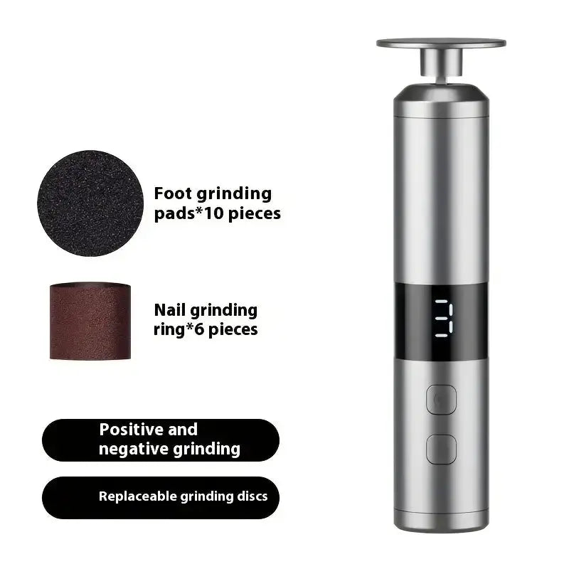 USB charging foot grinder and nail grinder, 2-in-1 silver foot care device with replaceable discs; 10 pads, 6 rings.