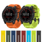 QuickFit silicone strap set for Garmin Epix Gen 2 and Fenix; two watches in orange and lime with color straps below.