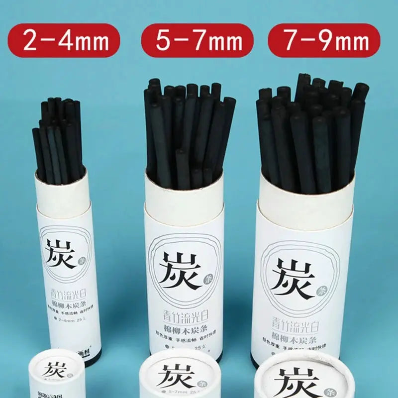 Charcoal sticks set, 25 pcs, black drawing charcoal in three sizes (2–4mm, 5–7mm, 7–9mm) in white tubes