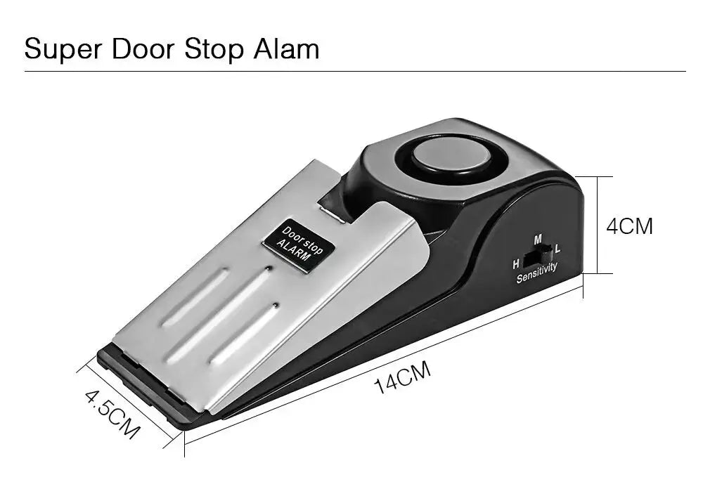 Door stop alarm device, wireless 125dB, black with silver metal plate, 14 cm long