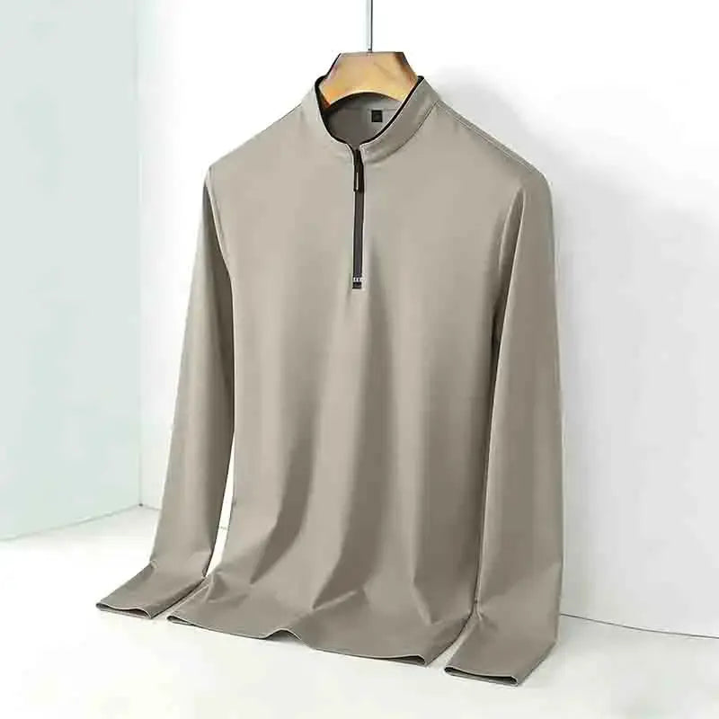 Men's stand-collar half-zip long-sleeve top in beige, casual slim-fit pullover