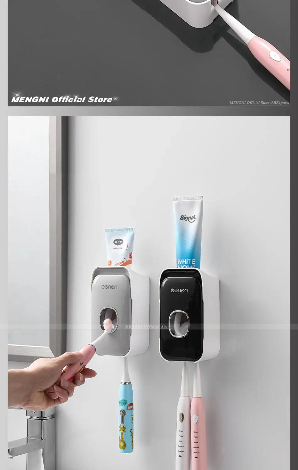 Two MENGNI wall-mounted toothpaste dispensers with punch-free squeezer and toothbrush holder in gray and black