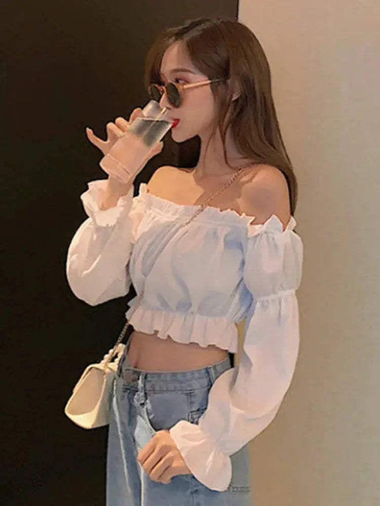 Women Off Shoulder Blouse Long Sleeve White Top With Puff Sleeves Ruffle Tunic Crop Summer Tube Top