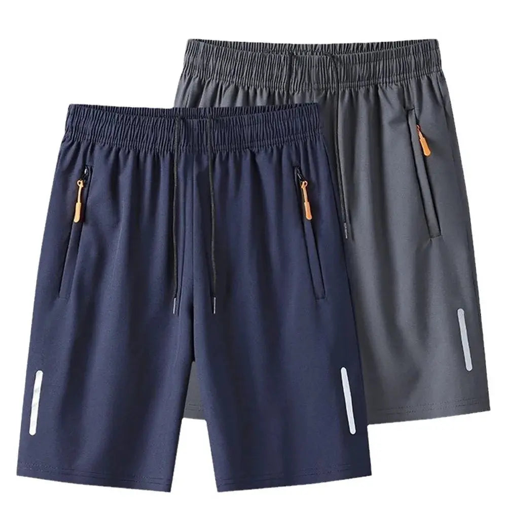 Men's ultra-thin ice-silk beach shorts set (3-pack) in navy/gray with drawstrings, zip pockets, reflective stripes