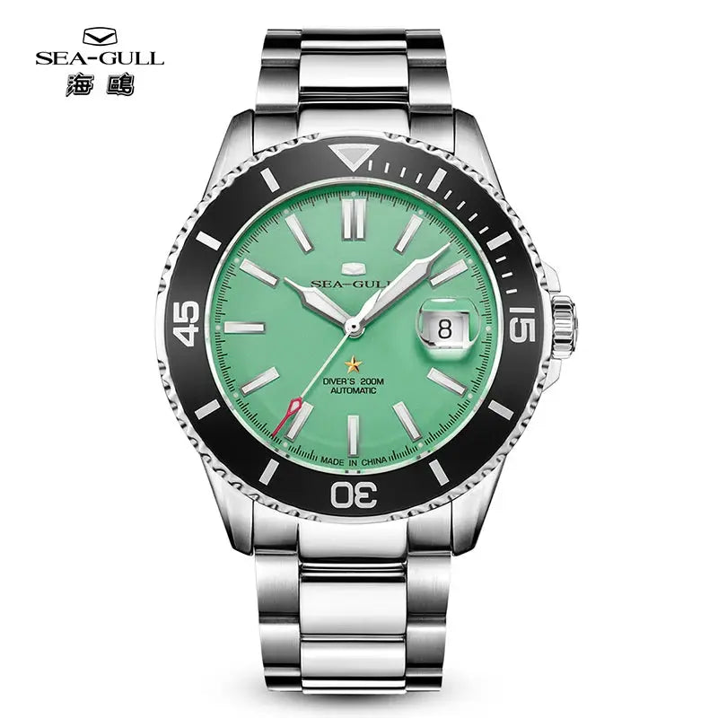 Sea-Gull men's diver watch with green dial and stainless steel bracelet, 200m water resistance