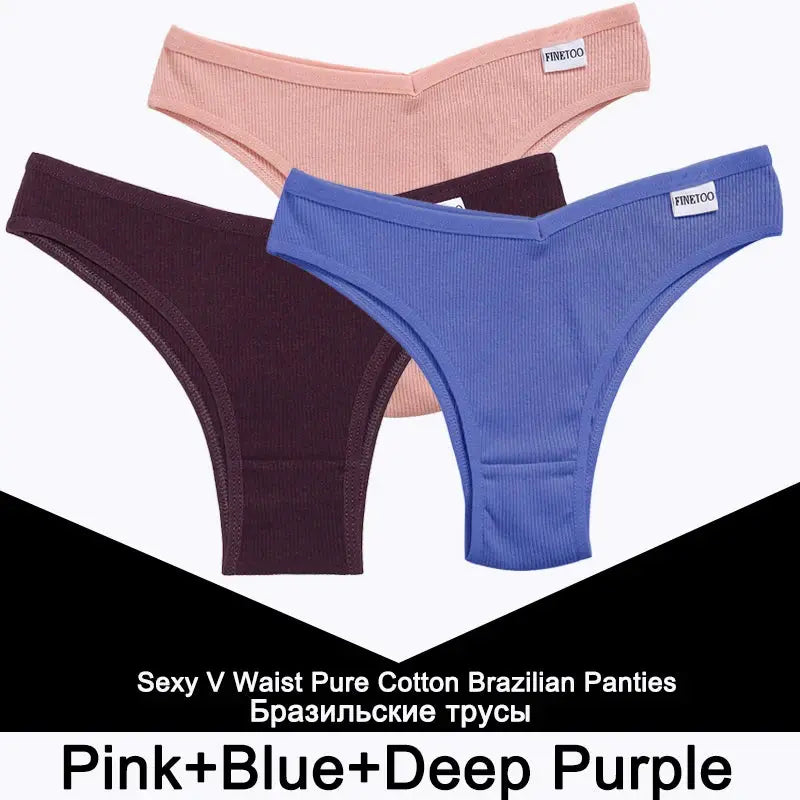 FINETOO 3-piece cotton thong underwear set for women in pink, blue, and deep purple