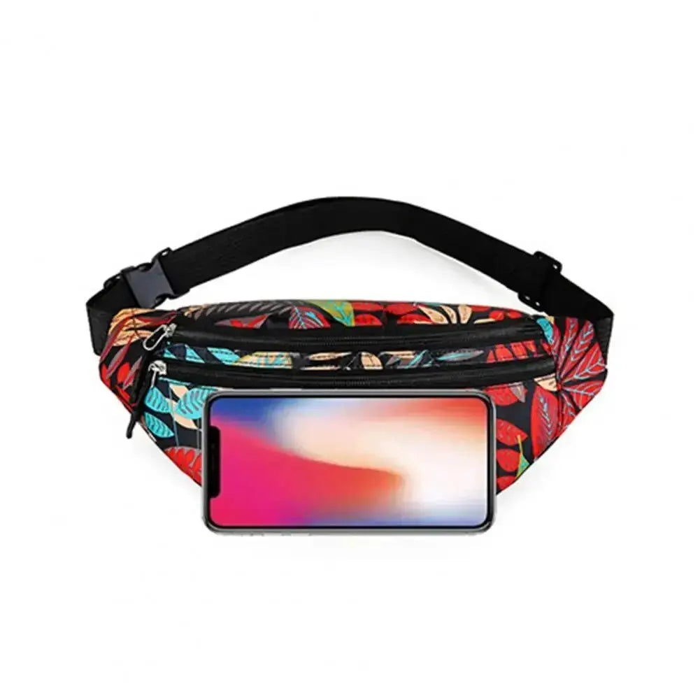 Sports waist pack with colorful tropical leaf pattern, waterproof running belt with phone pocket and adjustable strap