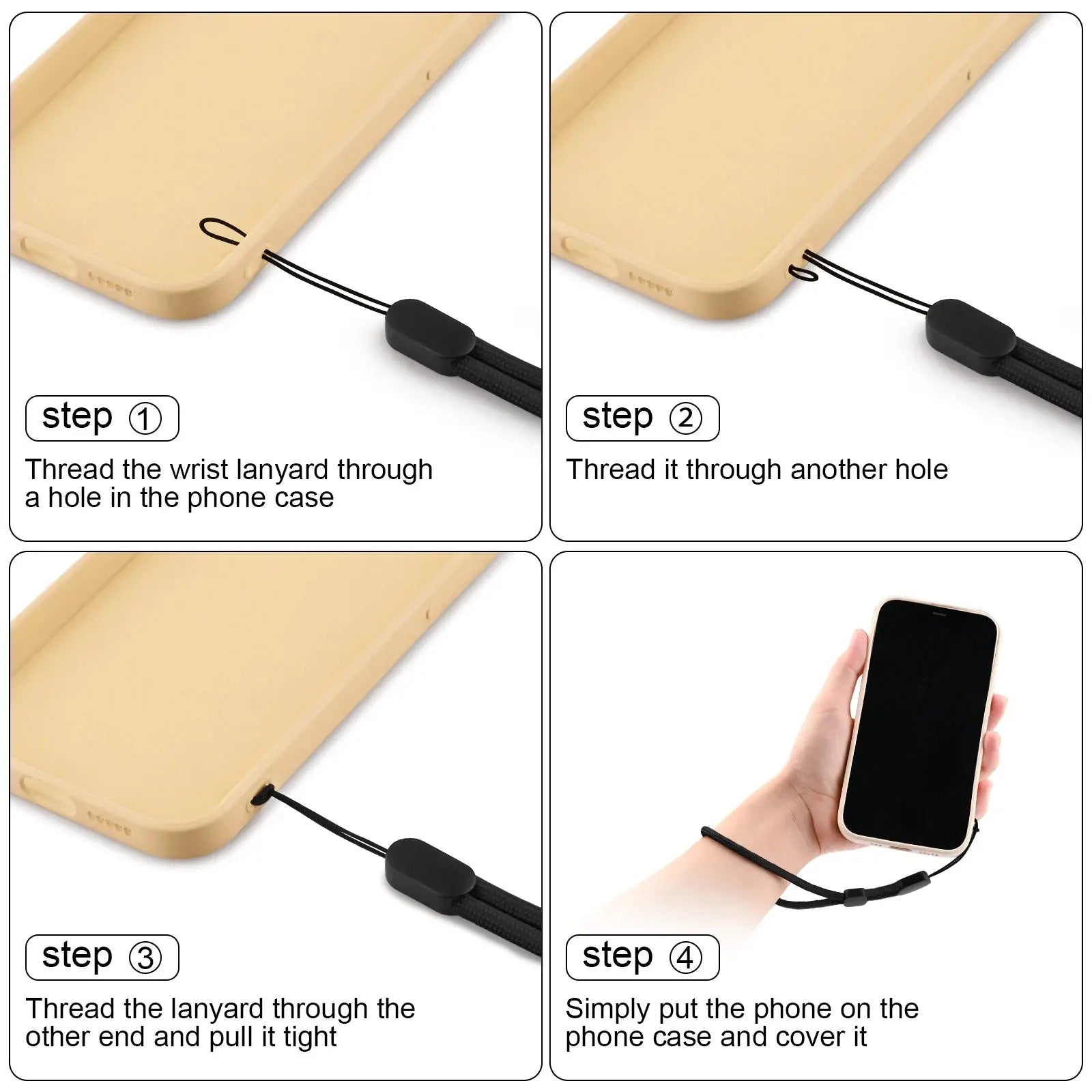 Black nylon wrist strap lanyard for phone case being threaded through holes in a tan smartphone case