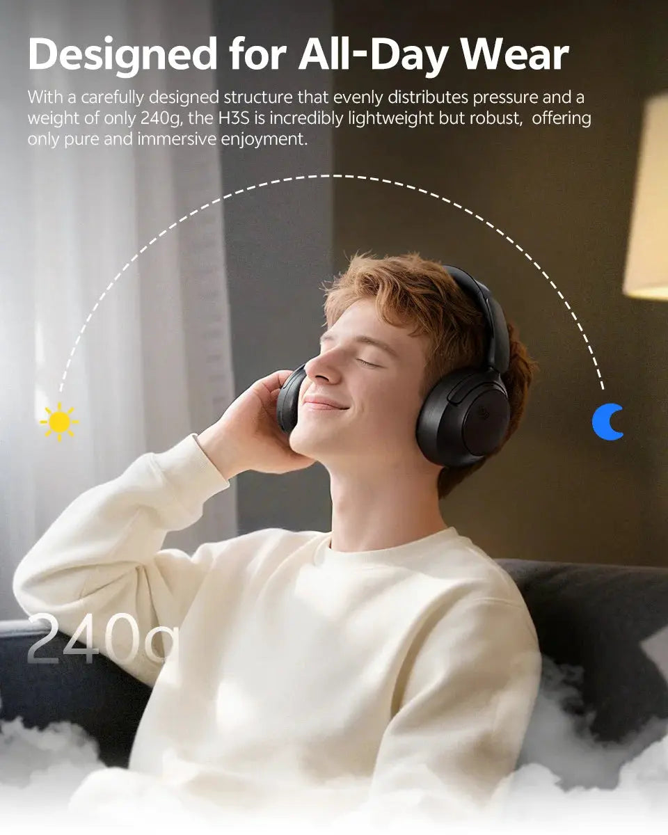 QCY H3S wireless over-ear headphones in black with adaptive ANC and Hi-Res LDAC