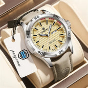 PAAZOMU men's luxury quartz wristwatch, beige dial with geometric pattern, stainless steel case, suede strap