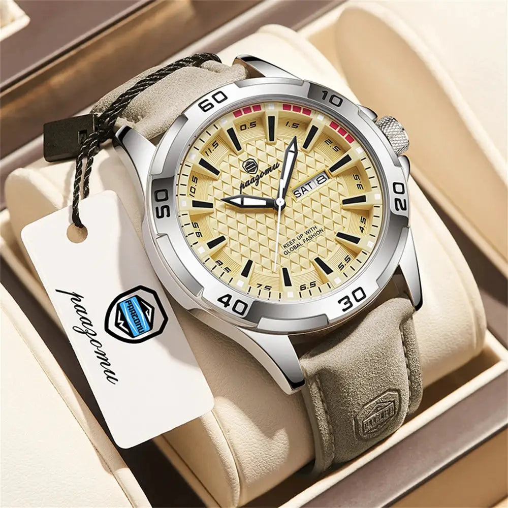 PAAZOMU men's luxury quartz wristwatch, beige dial with geometric pattern, stainless steel case, suede strap