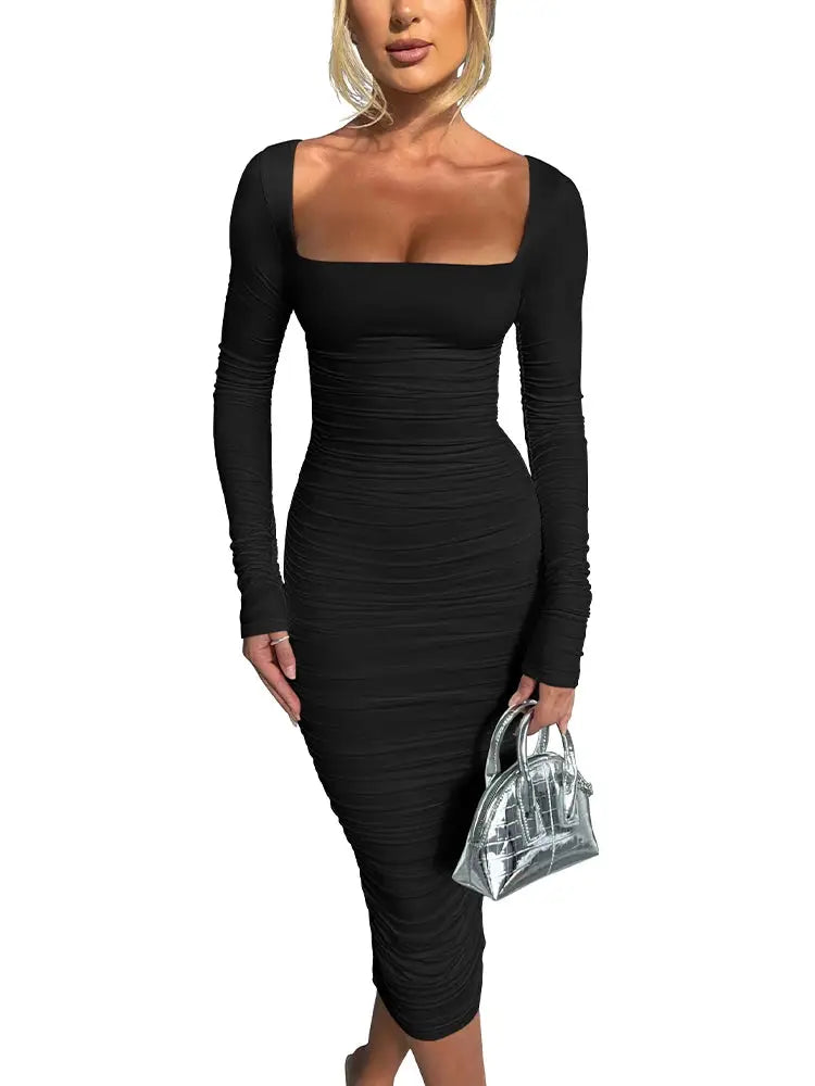 Autumn Winter Women Bodycon Dress Square Neck Long Sleeve Evening