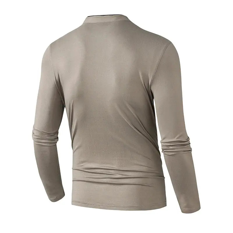Men's stand-collar long-sleeve shirt in beige, back view; casual pull-over top.