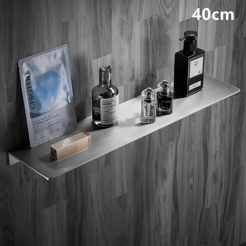 Corner bathroom shelf 40cm brushed chrome 304 stainless steel with toiletries