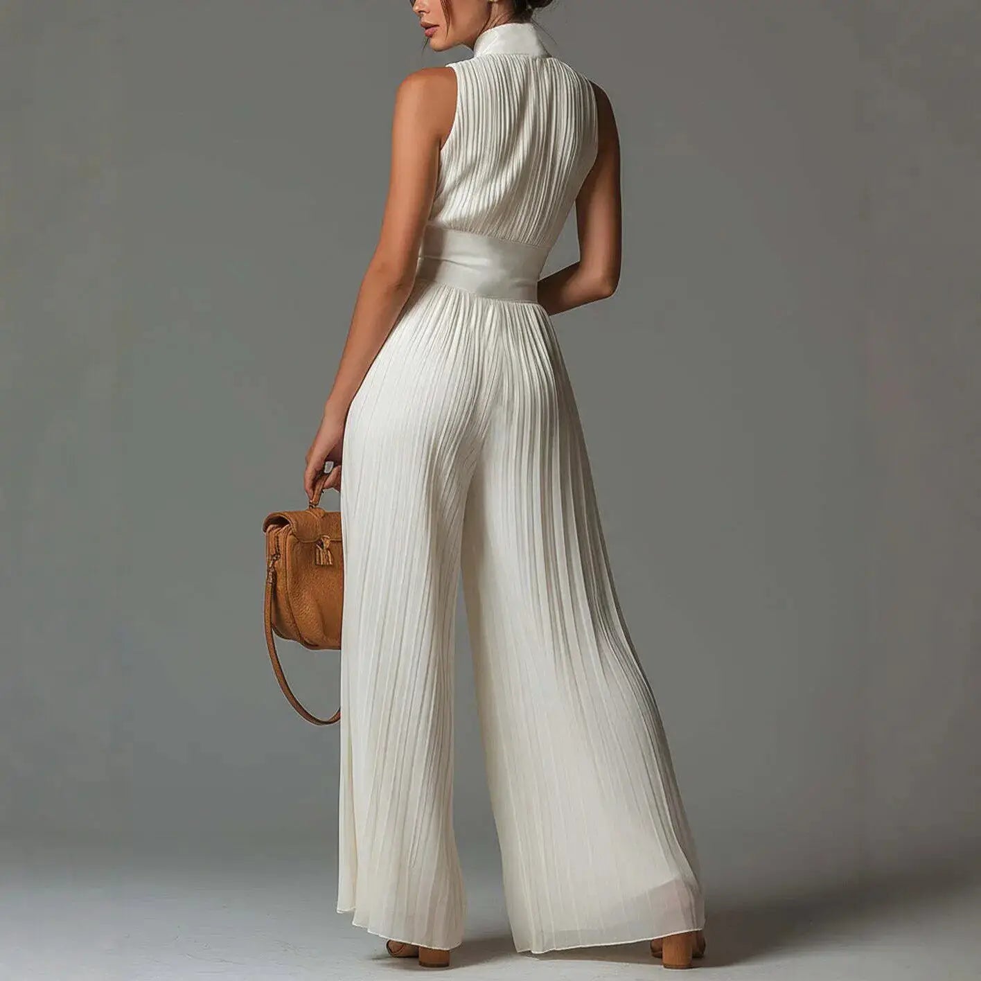 White pleated jumpsuit with stand collar, sleeveless, high-waist, wide-leg design; tan handbag shown.