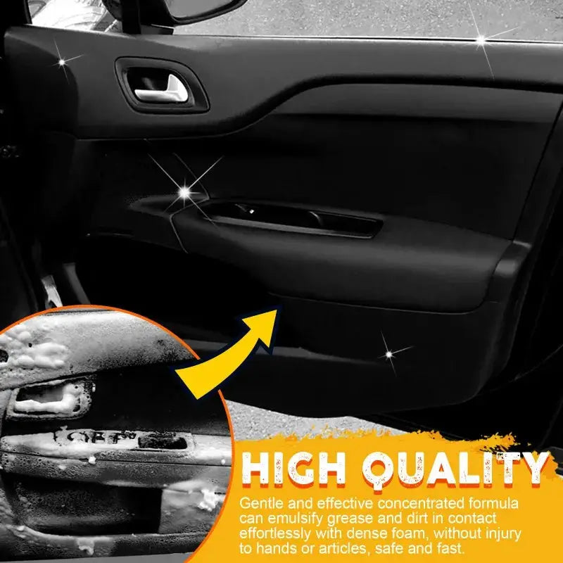 Car interior foam cleaner spray for leather and plastics; inset shows dirty door panel and a high-quality label.