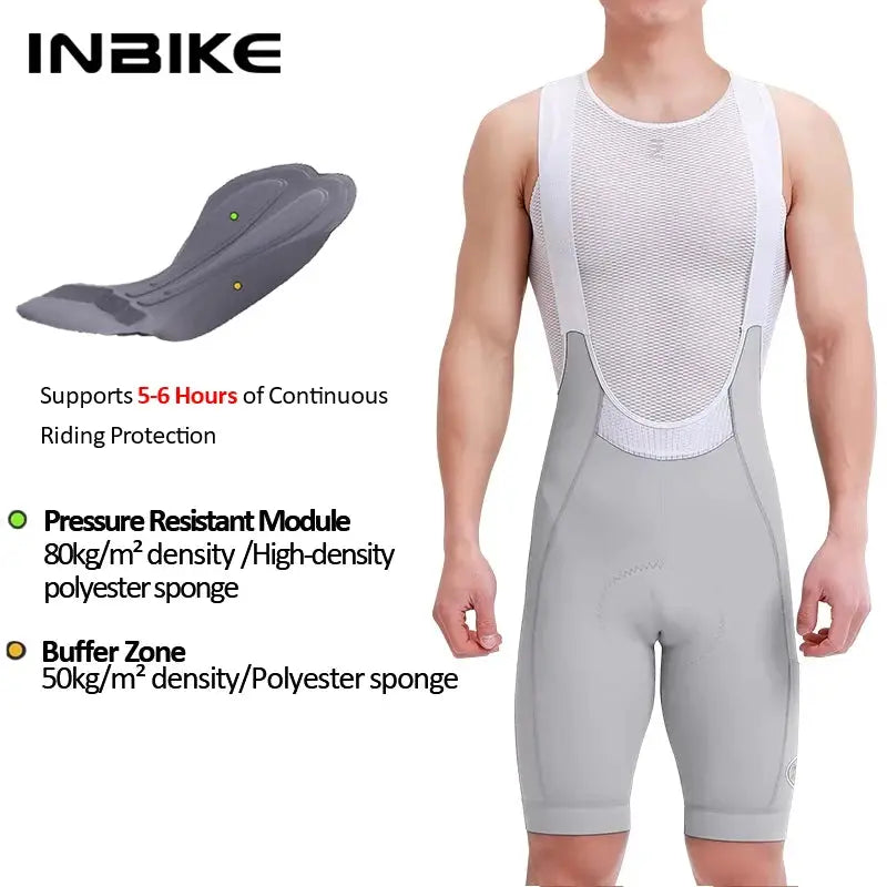 INBIKE men's cycling bib shorts, high-waisted, gray with breathable mesh panels