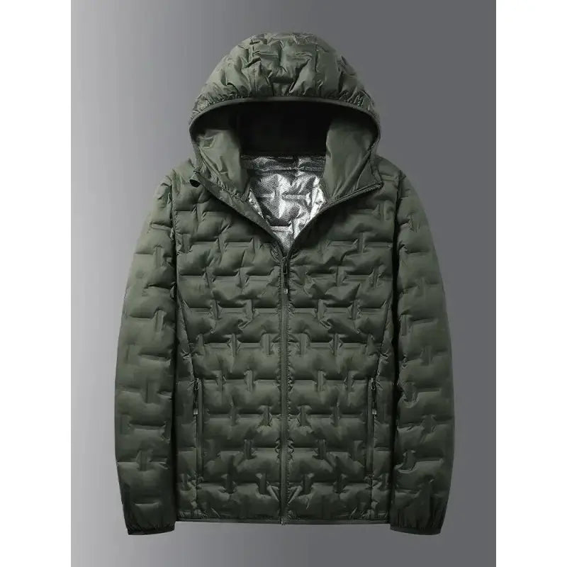 Men's olive green hooded puffer jacket with quilted design and zip pockets