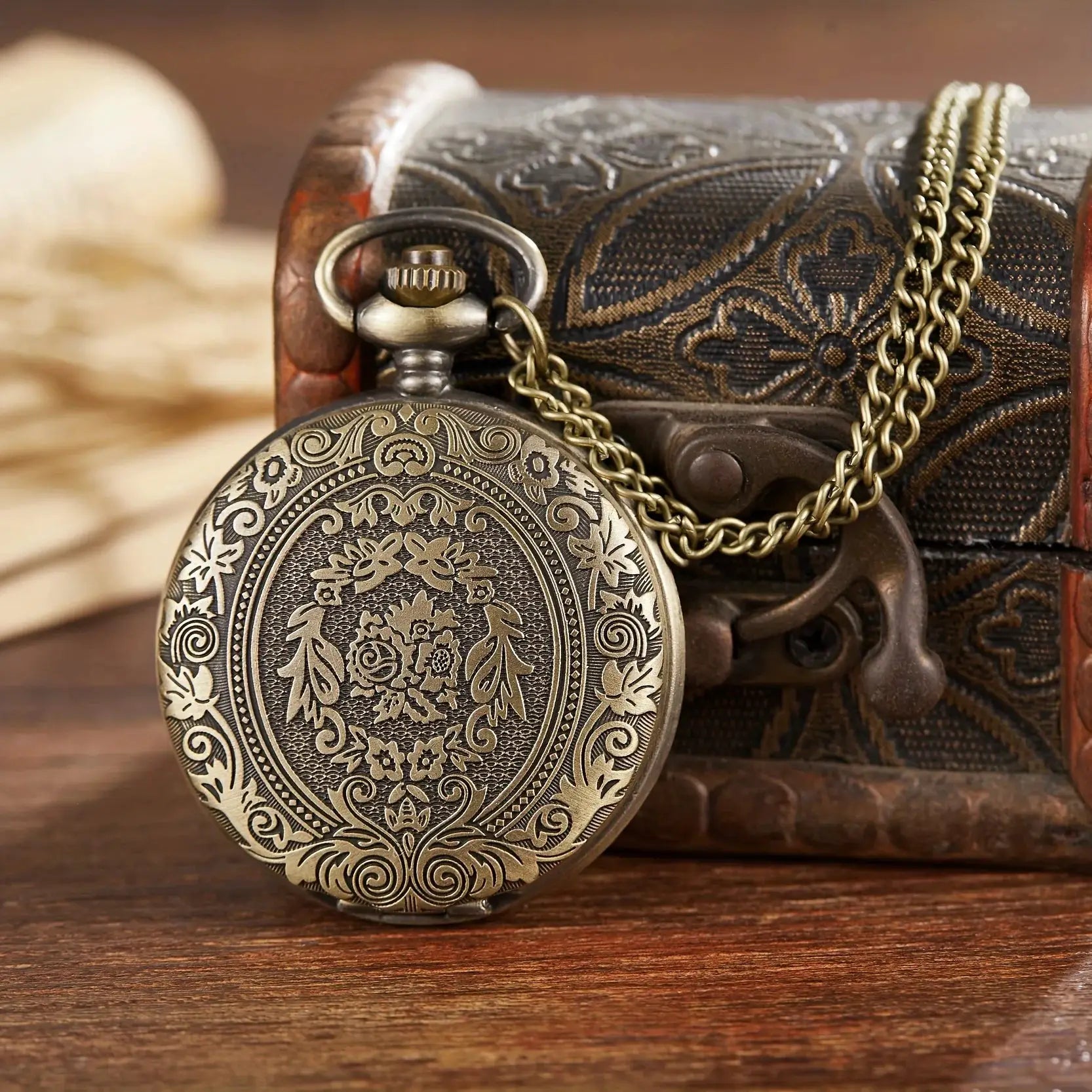 HeritageTime Carved Flip Cover Pocket Watch Necklace Quartz Movement Unisex Gift For Men And Women