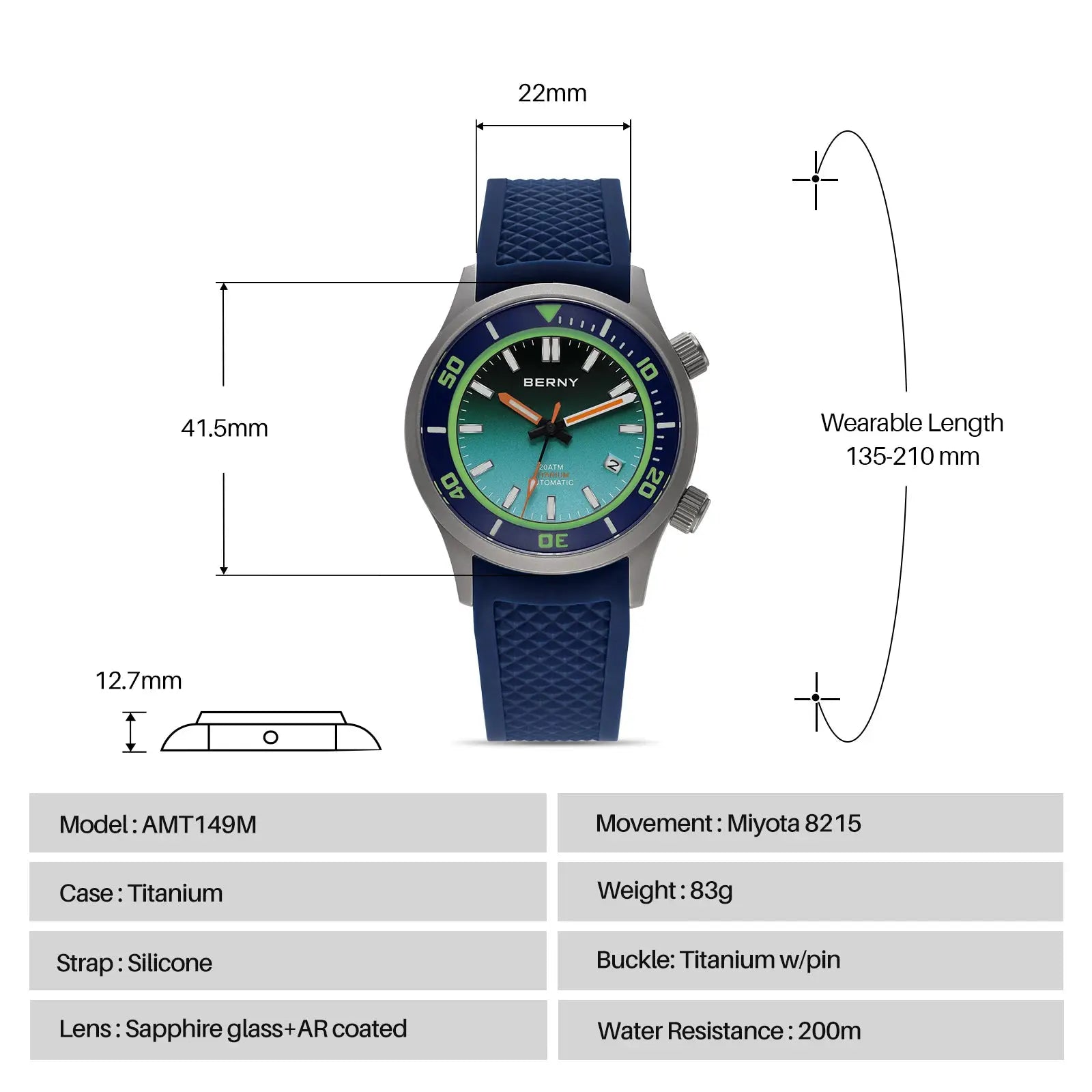 BERNY diver watch for men, titanium case, blue silicone strap, sapphire AR-coated lens, 200m water resistance
