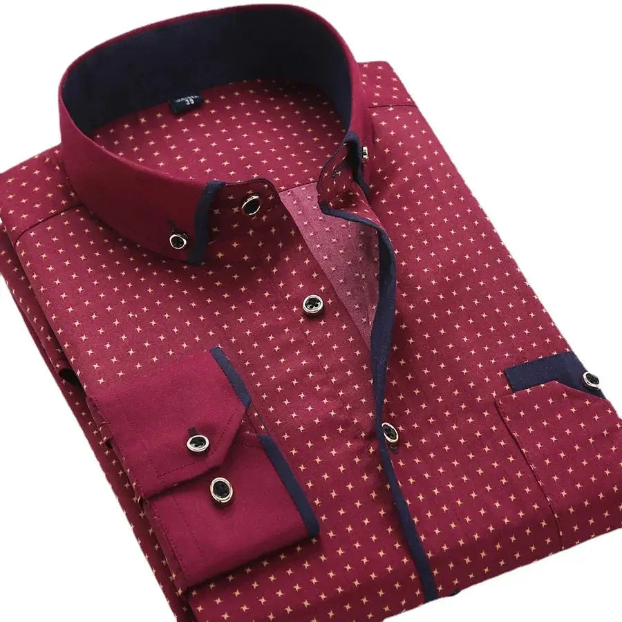 Simples Market burgundy floral button-down men’s shirt, long sleeve, slim fit with navy trim