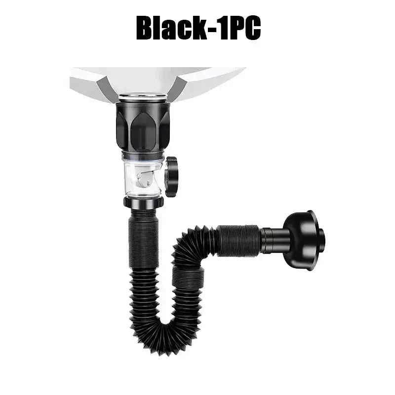 Kitchen sink drain hose with odor-isolating trap and flexible black accordion piping assembly