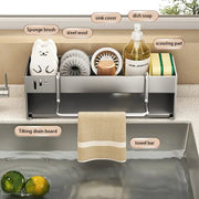 Simples Market stainless steel kitchen sponge rack with tilting drain board and towel bar for sponges, brushes and soap