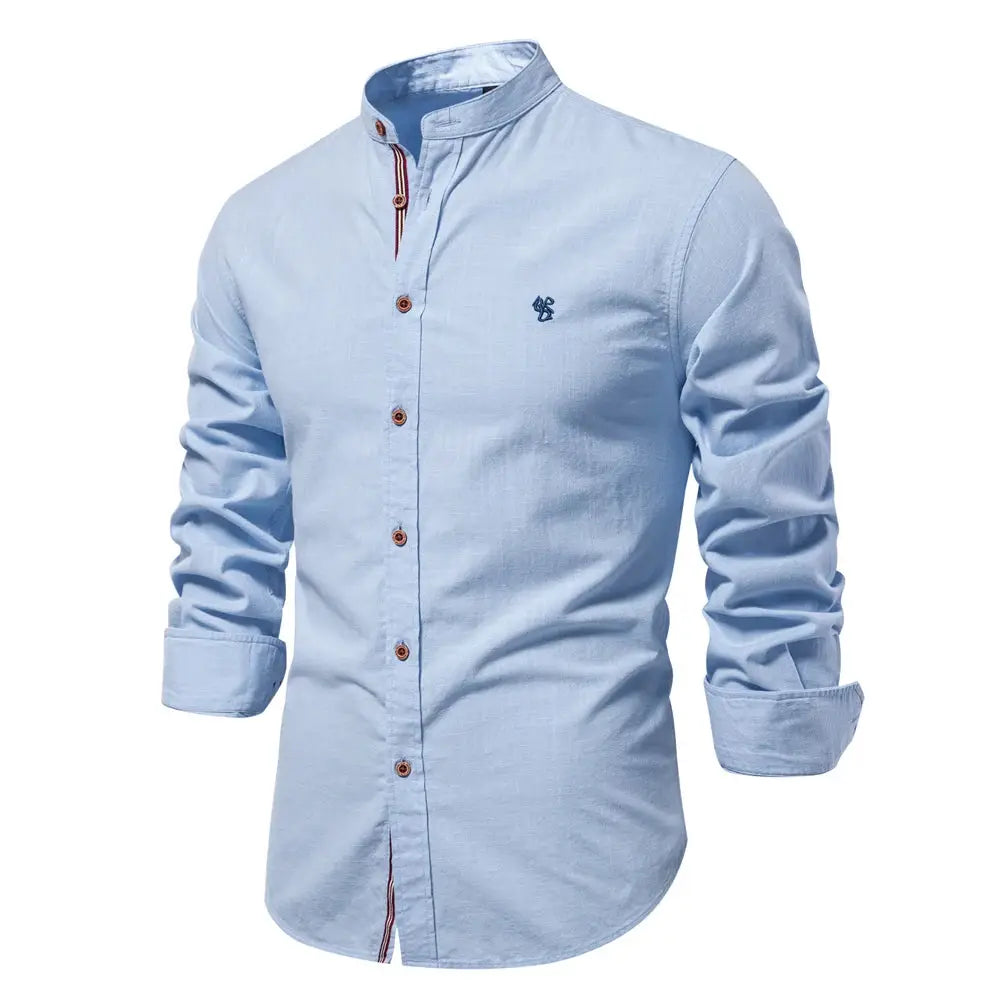 AIOPESON light blue 100% cotton men's long-sleeve casual shirt with stand collar and chest logo by Simples Market